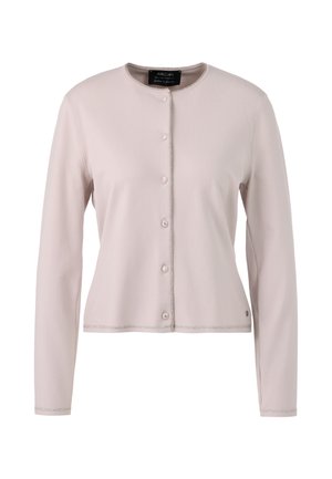 Light pink cardigan made from soft fabric, featuring a round neck, long sleeves, and button closures with a subtle silver trim along the edges.