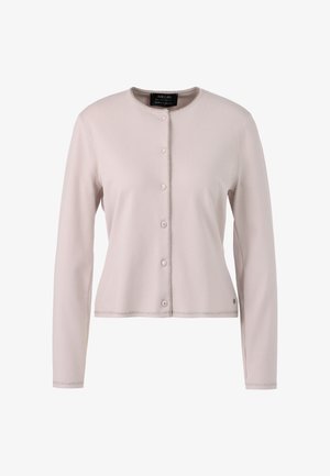 Hellrosa Strickjacke aus weichem Material, mit Rundhalsausschnitt, langen Ärmeln und Knopfverschluss, sowie einem dezenten silbernen Rand an den Kanten.