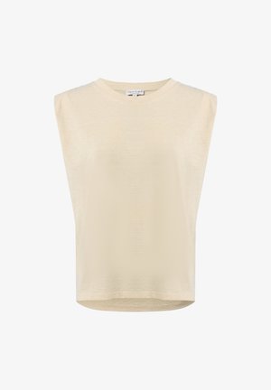 Beige ärmelloses Oberteil mit rundem Ausschnitt, aus weichem Material und entspannter Passform. Mit leicht gepolsterten Schultern und geradem Saum.