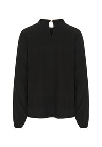 Blusa nera a maniche lunghe con un'apertura a forma di V nella parte posteriore. Realizzata in un materiale liscio, presenta maniche arricciate e polsini elasticizzati.