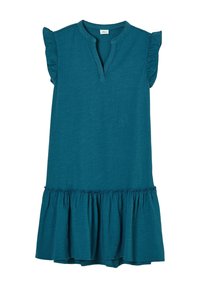 Vestido de algodón en color verde azulado con escote y mangas con volantes. Presenta un corte holgado y un dobladillo con volantes. Largo corto, diseño casual.