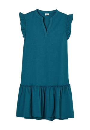 Teal katoenen jurk met een gerimpelde halslijn en mouwen. Heeft een losse pasvorm en een geplooide rand aan de onderkant. Korte lengte, casual ontwerp.