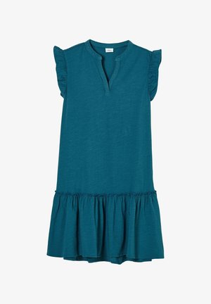 Robe en coton teal avec un col et des manches volantés. Présente une coupe décontractée et un ourlet volanté froncé. Longueur courte, design casual.