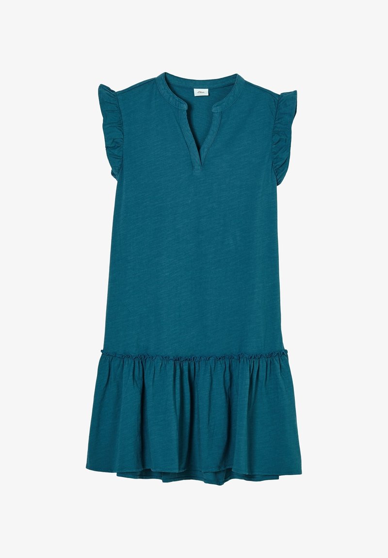 Vestido de algodón en color verde azulado con escote y mangas con volantes. Presenta un corte holgado y un dobladillo con volantes. Largo corto, diseño casual.