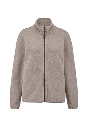 Lichtbruin fleecejack met volledige rits aan de voorkant, hoge kraag, lange mouwen en elastische manchetten.