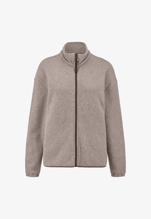Hellbraune Fleecejacke mit durchgehendem Reißverschluss vorne, hohem Kragen, langen Ärmeln und elastischen Bündchen.