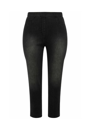 Black denim pants with a fitted design, elastic waistband, and two front pockets. The fabric has a slightly faded texture. Cropped length.