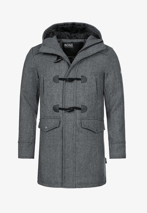 Szary płaszcz z mieszanki wełny z kapturem, zapinany na klamry, z przednimi kieszeniami i strukturalną tkaniną. Podszewka z czarnego materiału.