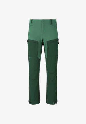 Herren Outdoorhose in zweifarbigem Grün mit Reißverschlusstaschen am Oberschenkel, Knopf- und Reißverschluss sowie verstellbaren Knöchelriemen.
