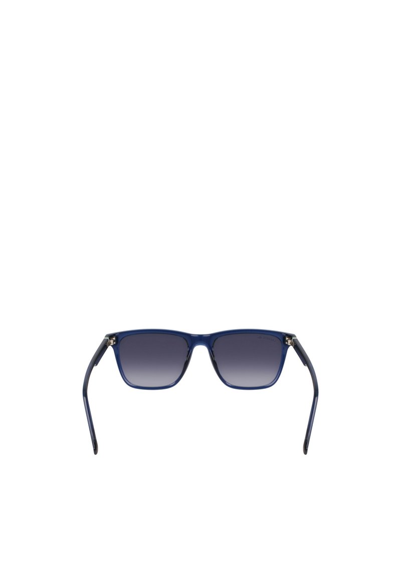 Sunglasses with a rectangular frame, navy blue plastic front, black temples, and gradient gray lenses. Notable silver accents at the hinges.