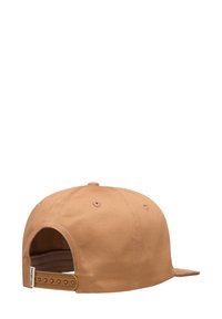 Tan baseball cap with a flat brim, made of woven fabric. Features a plastic snapback closure and ventilation holes on the top.