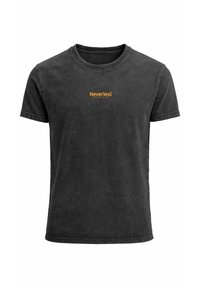 Black cotton t-shirt with a crew neckline and short sleeves. Orange "Neverless Beach Club" text printed on the front. Soft, textured finish.