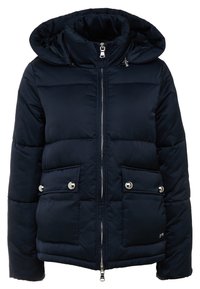 Marinblå puffjacka med huva, med en främre dragkedja, två stora fickor med tryckknappar och en kviltad textur. Silverdetaljer.