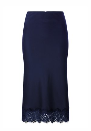 Jupe crayon bleu marine avec bordure en dentelle à l'ourlet, dotée d'une ceinture lisse et d'une fermeture éclair au dos.