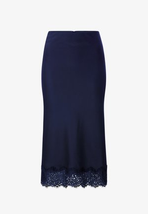 Marineblaue Bleistiftrock mit Spitze am Saum, ausgestattet mit einem glatten Bund und einem Reißverschluss auf der Rückseite.