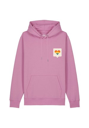 Sweat à capuche rose avec poche avant et un petit motif cœur aux couleurs de l'arc-en-ciel sur la poitrine côté gauche.