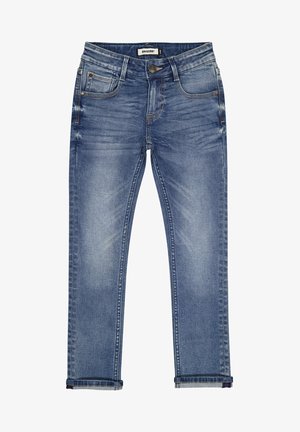Blå denimjeans med en lige ben-design, fem lommer, lys vask og diskret falmen. Har knaplukning og bæltestropper.