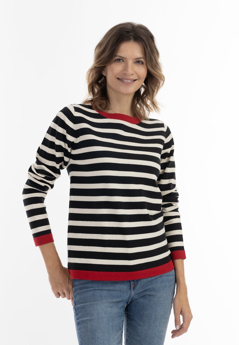 Gestreifter Pullover in Schwarz und Creme mit rotem Ausschnitt und Bündchen. Verfügt über lange Ärmel und ein gerade geschnittenes Design.