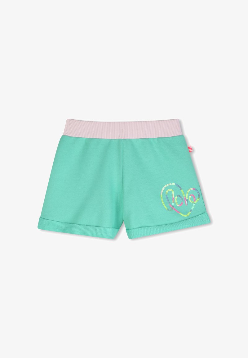 Shorts pour tout-petit turquoise avec une taille élastique rose pâle et un motif de cœurs multicolores en sequins sur la jambe droite.