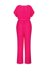Jumpsuit rose vif avec une coupe décontractée, des manches courtes et une taille cintrée. Tissu léger avec une texture lisse et une coupe à jambes larges.