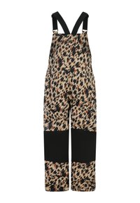 Salopette con stampa leopardata, dotata di spalline nere regolabili e di un ampio pannello nero nella parte inferiore. Realizzata in un tessuto testurizzato, design a gamba larga.