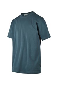 Dark teal cotton t-shirt with a crew neckline and short sleeves. Features a straight hem and minimal stitching detail.