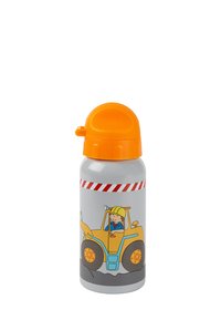 Wasserflasche für Kinder mit orangefarbenem Deckel, versehen mit einer Illustration eines Bauarbeiters, der einen gelben Bagger auf grauem Hintergrund bedient.