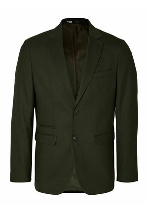 Dark green blazer featuring a slim fit, notched lapels, two front pockets, and a single button closure. Textured fabric with a satin lining.