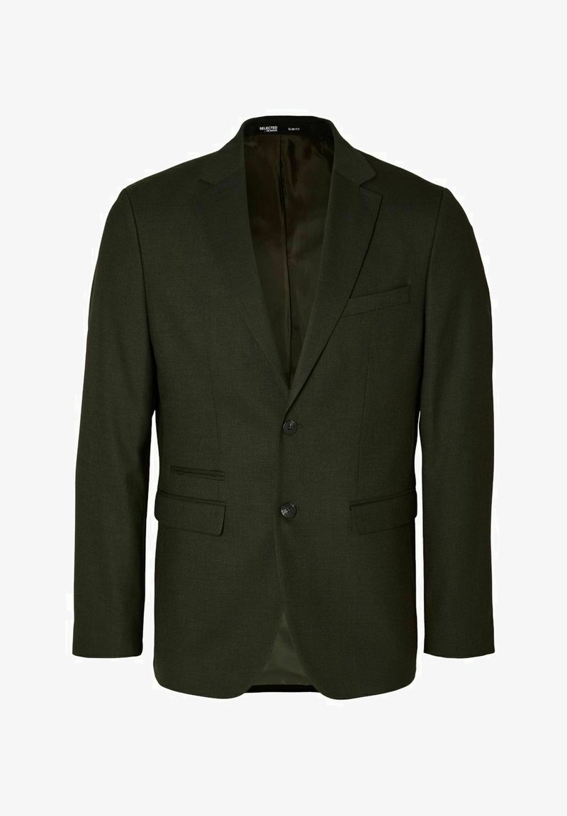 Mørkegrønn blazer med slim fit, klaffelabber, to frontlommer og én knappelukking. Teksturert stoff med satinfor.