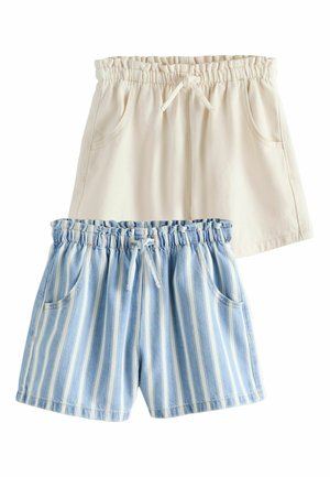 Two pairs of elastic waist shorts with drawstrings, one solid beige and one blue with white vertical stripes, both featuring front pockets.