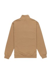 Pullover con maniche lunghe color sabbia, dotato di un alto colletto, polsini a costine e una texture liscia. Caratterizzato da un design minimale senza loghi visibili.