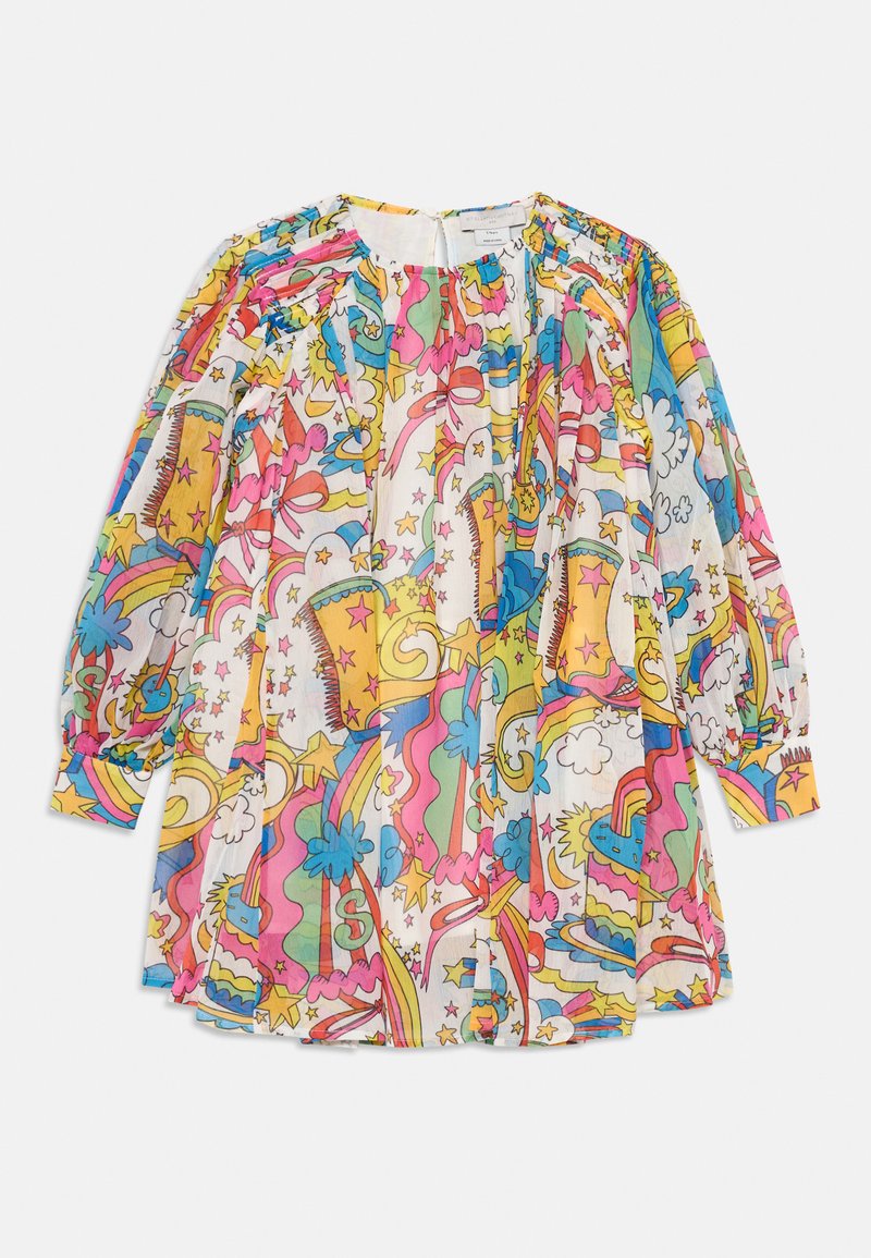 Barvita bluza z dolgimi rokavi z živahnim risanim potiskom z zvezdami, mavricami in oblaki. Narejena iz lahkega, zračnega materiala.