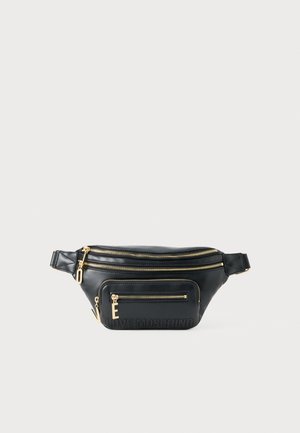 Black faux leather fanny pack with multiple zippered compartments and gold-tone hardware; features embossed "LOVE MOSCHINO" detail.
