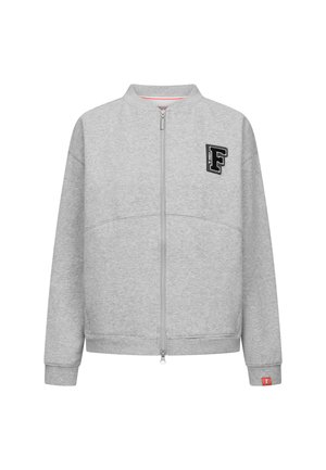 Grijze rits-sweatshirt gemaakt van zacht materiaal, met een geribbelde kraag, lange mouwen en een zwart geborduurd logo op de borst.