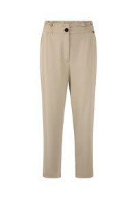 Beige trousers with an elastic waistband, front button, and a single front pocket. Smooth fabric with a straight cut ending above the ankle.