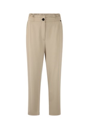 Beige trousers with an elastic waistband, front button, and a single front pocket. Smooth fabric with a straight cut ending above the ankle.