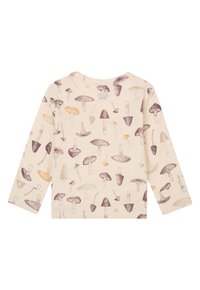 Langarmshirt in hellbeige mit verschiedenen Pilzdrucken in lila, braun und orange. Weicher Stoff mit rundem Ausschnitt.