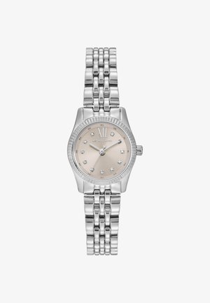 Zilverkleurig Michael Kors polshorloge met metalen schakelband, beige wijzerplaat, kristallen uurmarkeringen en Romeins cijfer 12 bovenaan.