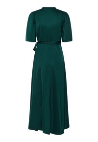 Robe midi vert foncé avec manches bouffantes courtes et ceinture à nouer à la taille, vue de dos sur fond blanc.