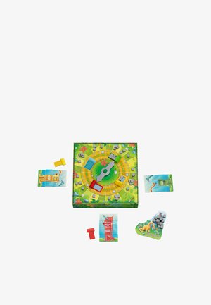 Buntes Brettspiel mit kreisförmigem Weg, vier farbigen Häusern, Puzzleteil-Karten und Tier- sowie Gebäudeillustrationen rund um das Spielfeld.