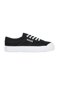Sneakers nere in tela con suola in gomma bianca, punta rotonda e lacci bianchi. Presentano un logo prominente sul lato e una suola testurizzata.