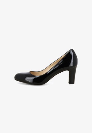 Schwarze Lacklederpumps mit runder Zehenpartie und einem mittelhohen Blockabsatz. Glatte Textur und minimalistisches Design.