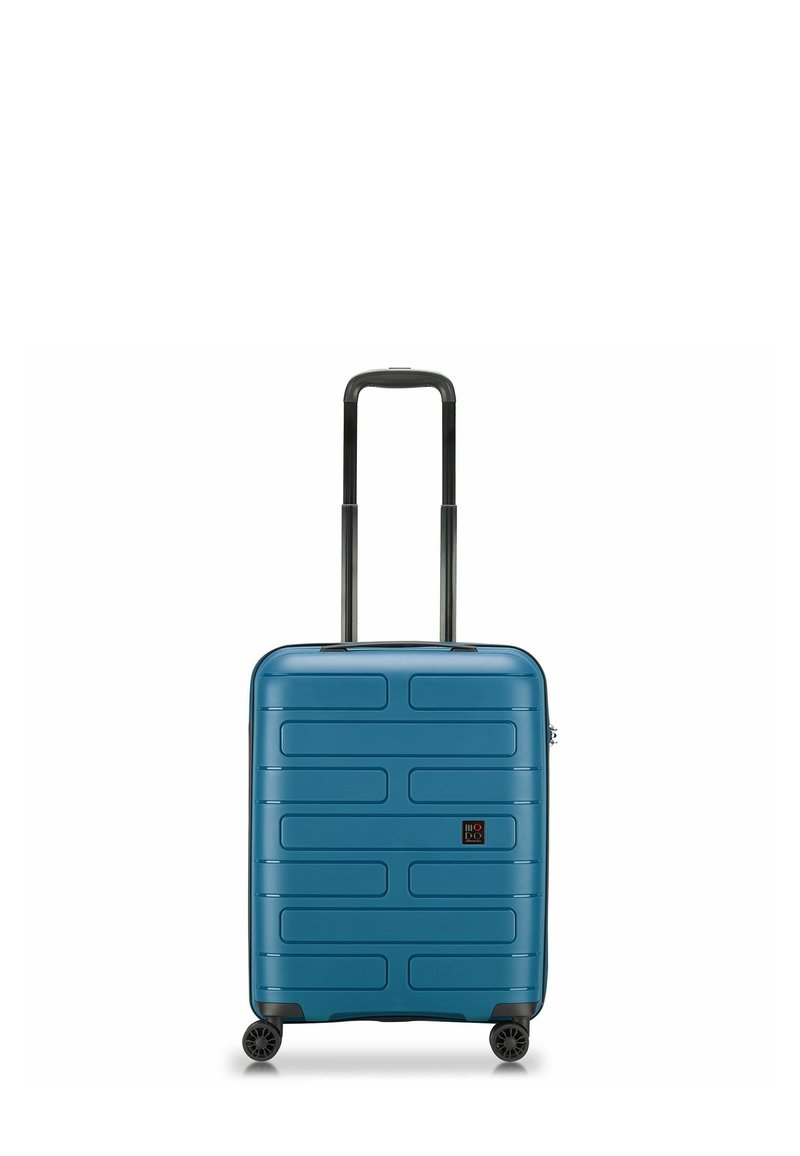 Harde koffer in teal met een gestructureerd ontwerp, uitschuifbare handgreep en vier wielen voor manoeuvreerbaarheid. Voorzien van een logo-accent.