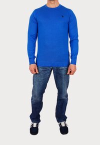 Blauer Baumwollpullover mit rundem Halsausschnitt, gerippten Bündchen und Saum, kombiniert mit blauen Jeans und schwarzen Sneakers. Besitzt ein kleines Logo auf der Brust.