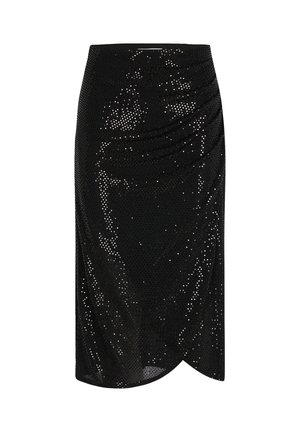 Gonna midi nera con design arricciato e paillettes, texture liscia e orlo asimmetrico, che offre una silhouette aderente.