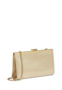 Gold glitter clutch bag with a structured design, featuring a gold-tone metal clasp and a chain strap. Smooth texture, rectangular shape.