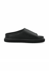 Sandali scivolati neri in pelle con finitura liscia, design open toe e suola in gomma nera texturizzata. Nessun hardware o decorazione visibile.
