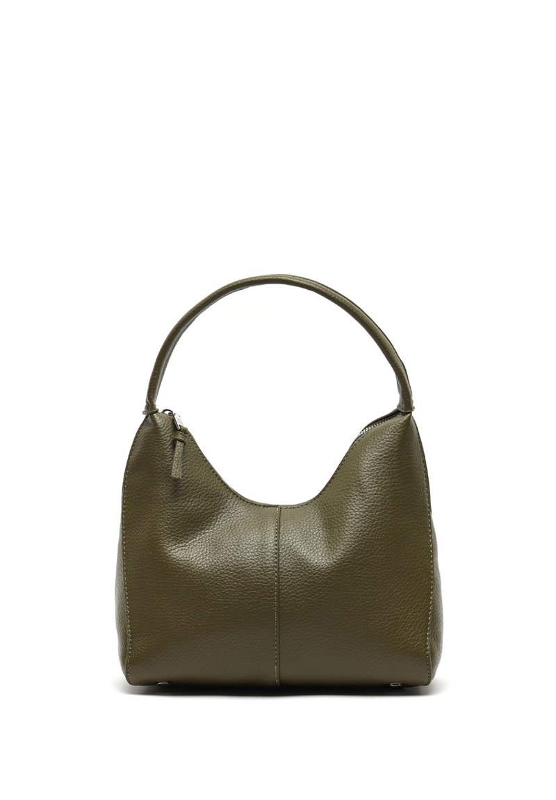 Olive rohelise nahast käekott, millel on kaarjas siluett, üks käepide, tekstureeritud pind ja ülaservas lukuga sulgemine. Ees on õmblus.