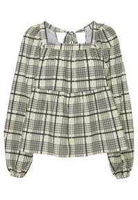 Blouse à carreaux noir et blanc avec des accents verts, présentant un col carrée, des manches bouffantes et une coupe décontractée avec des détails froncés.