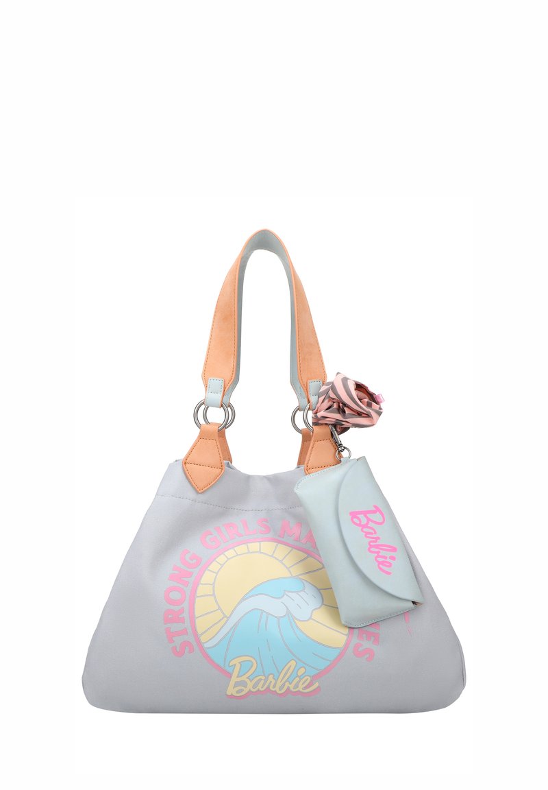 Grijze stoffen handtas met perzikkleurige banden, voorzien van een kleurrafisch ontwerp met de tekst "STERKE MEISJES MAKEN GOLVEN" en een afneembare lichtblauwe pouch.